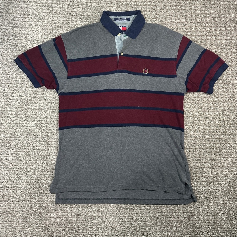 Vintage Tommy Hilfiger Mens Polo Shirt Medium Grey Burgundy Navy Striped Crest